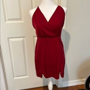 NBD Red Halter Dress with Dangling Pearls Hidden Pockets Adjustable straps